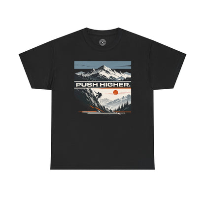 Black unisex t-shirt featuring Push Higher mountain climbing graphic with climber and mountain sunset design