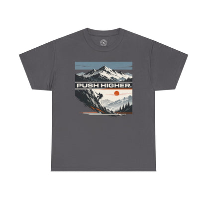 Charcoal grey unisex t-shirt featuring Push Higher mountain climbing graphic with climber and mountain sunset design