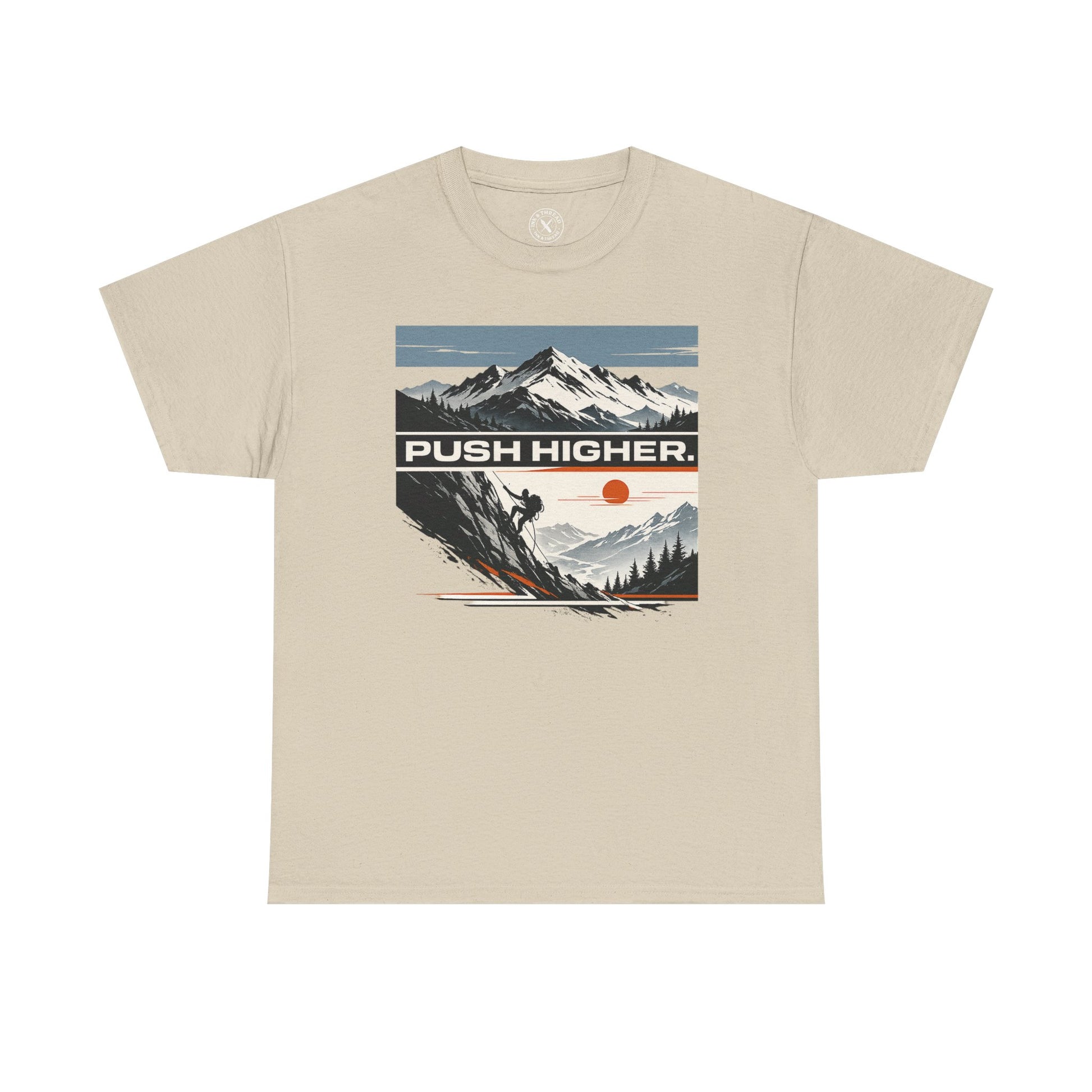 Sand beige unisex t-shirt featuring Push Higher mountain climbing graphic with climber and mountain sunset design