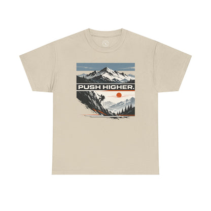 Sand beige unisex t-shirt featuring Push Higher mountain climbing graphic with climber and mountain sunset design