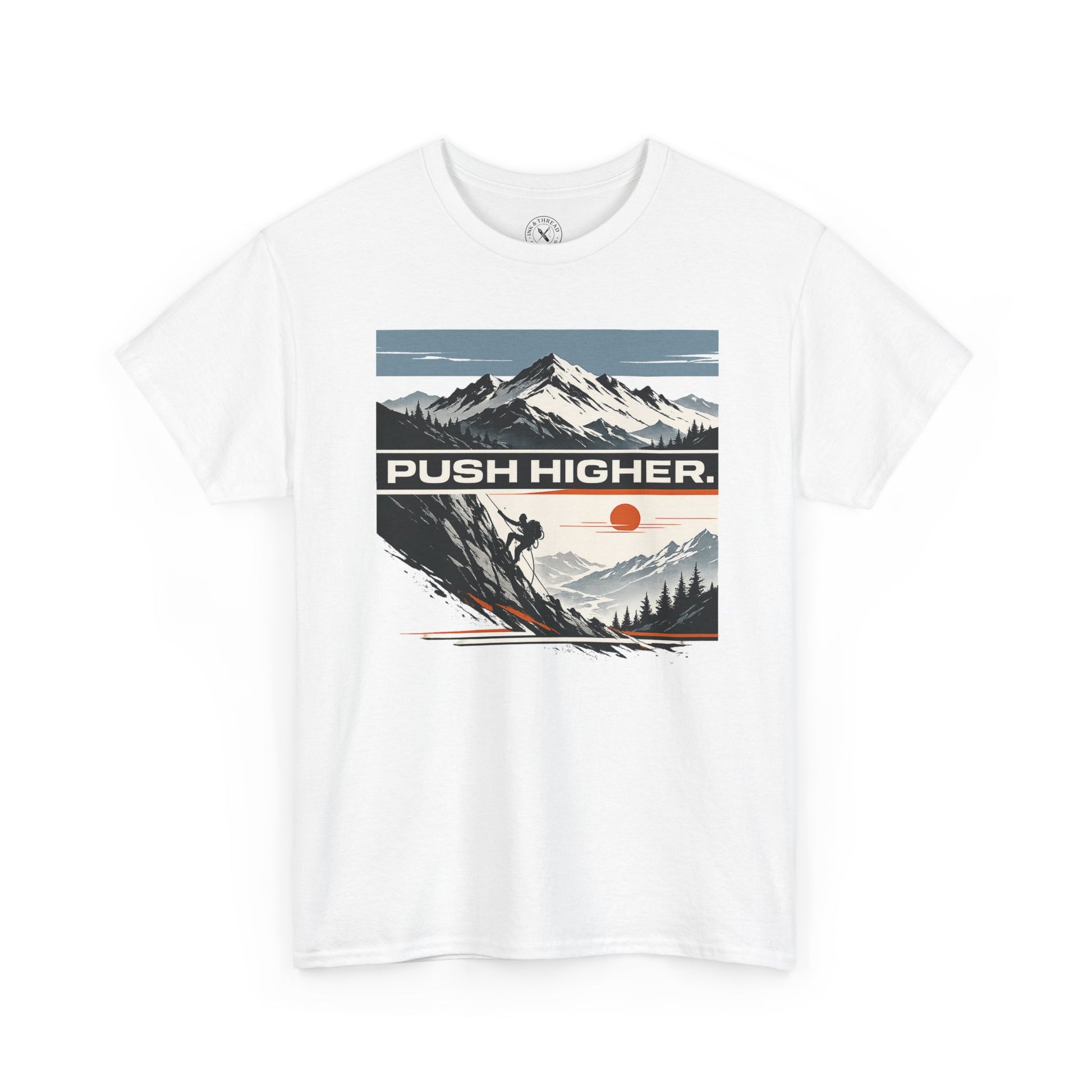 White unisex t-shirt featuring Push Higher mountain climbing graphic with climber and mountain sunset design
