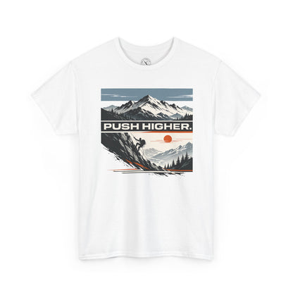 White unisex t-shirt featuring Push Higher mountain climbing graphic with climber and mountain sunset design