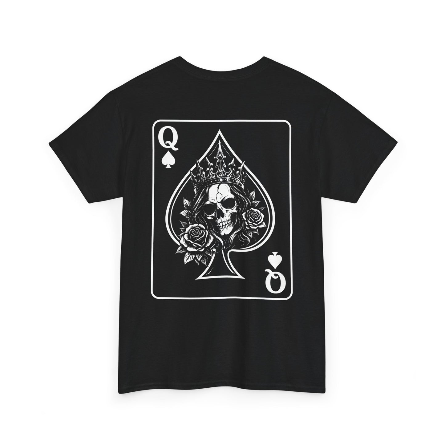 Black graphic t-shirt front view - Queen of Spades skull with crown and roses card design by Ink and Thread UK