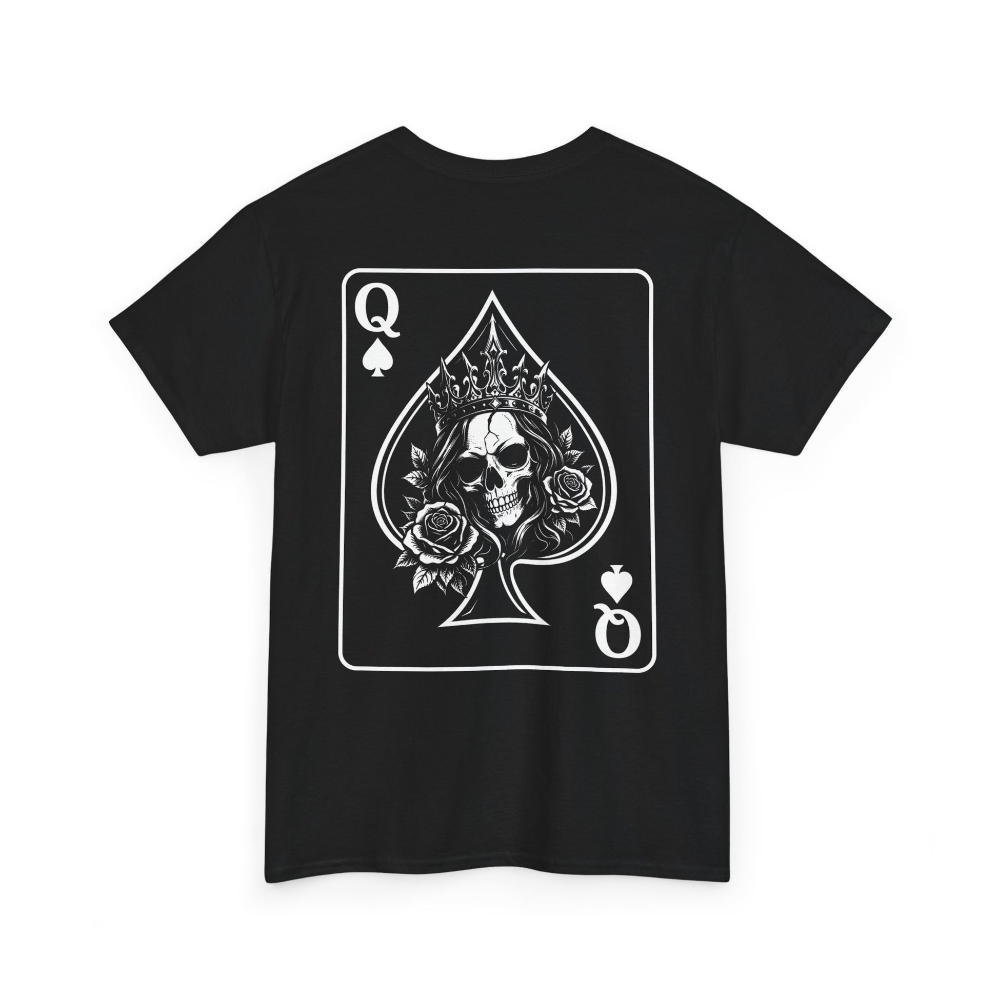 Black graphic t-shirt front view - Queen of Spades skull with crown and roses card design by Ink and Thread UK