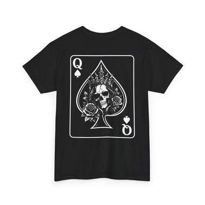 Black graphic t-shirt front view - Queen of Spades skull with crown and roses card design by Ink and Thread UK