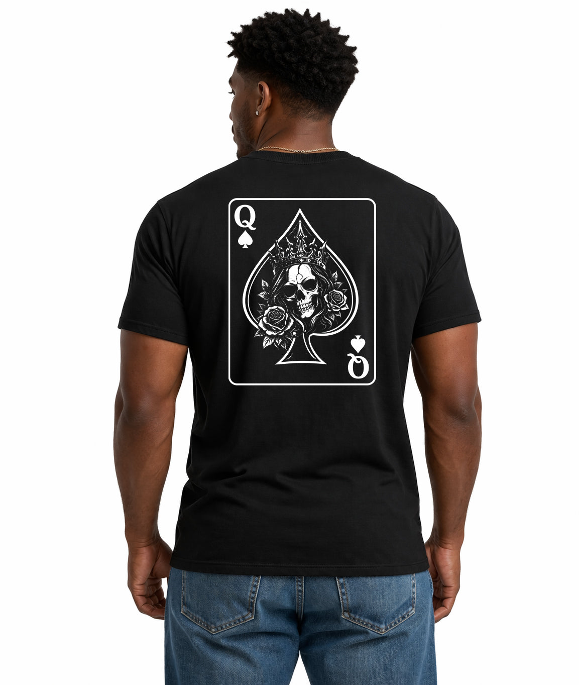 Male model back view wearing Queen of Spades black t-shirt - skull with roses card design by Ink and Thread UK