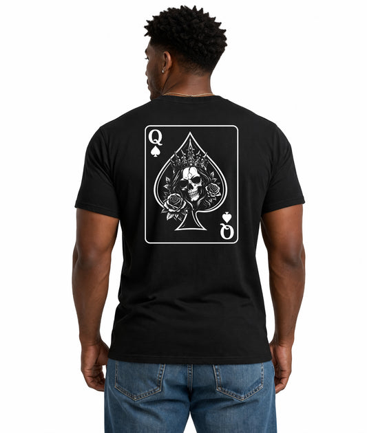 Male model back view wearing Queen of Spades black t-shirt - skull with roses card design by Ink and Thread UK