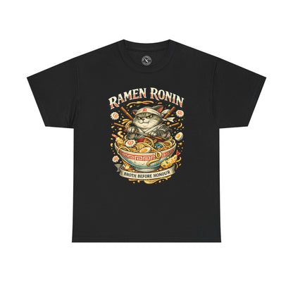 Black Ramen Ronin graphic t-shirt featuring a samurai cat with ramen bowl and Broth Before Honour design by Ink & Thread UK