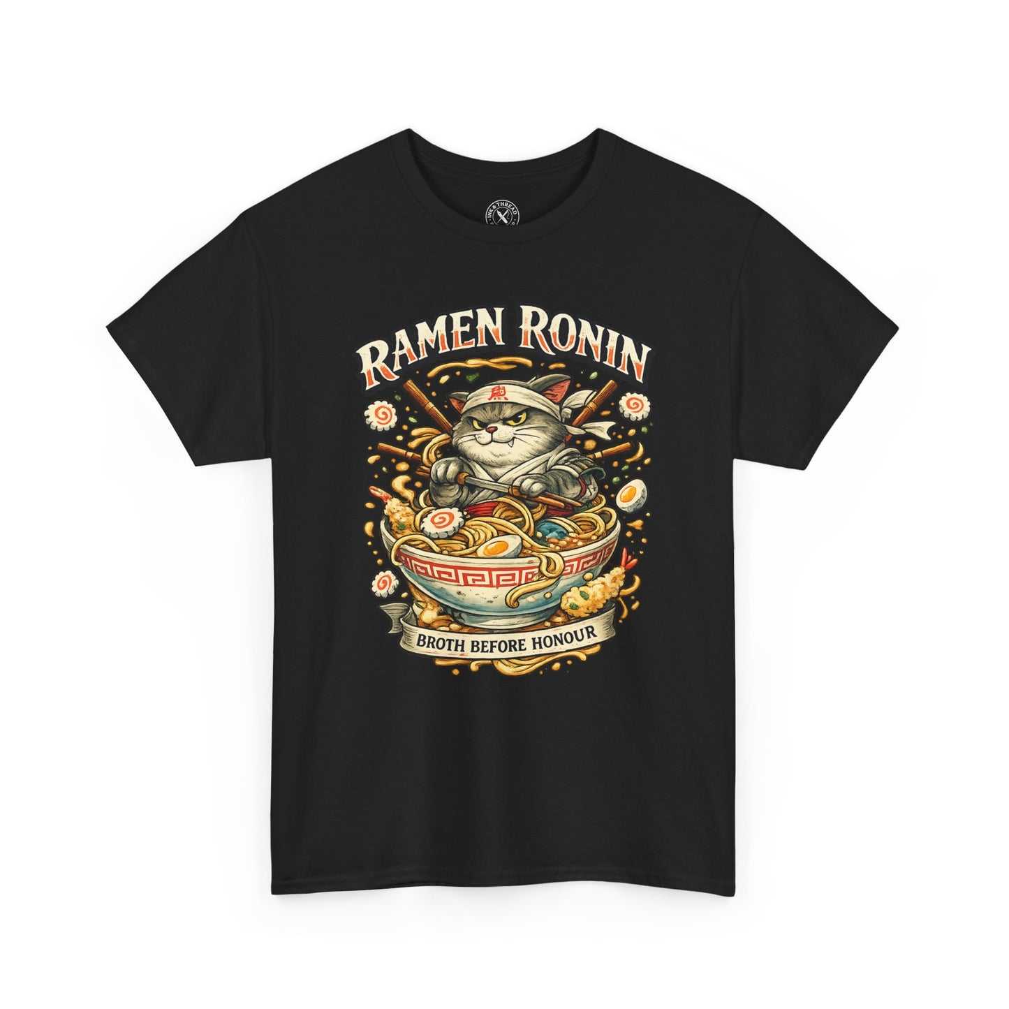 Black oversized Ramen Ronin graphic t-shirt featuring a samurai cat with ramen bowl and Broth Before Honour design by Ink & Thread UK