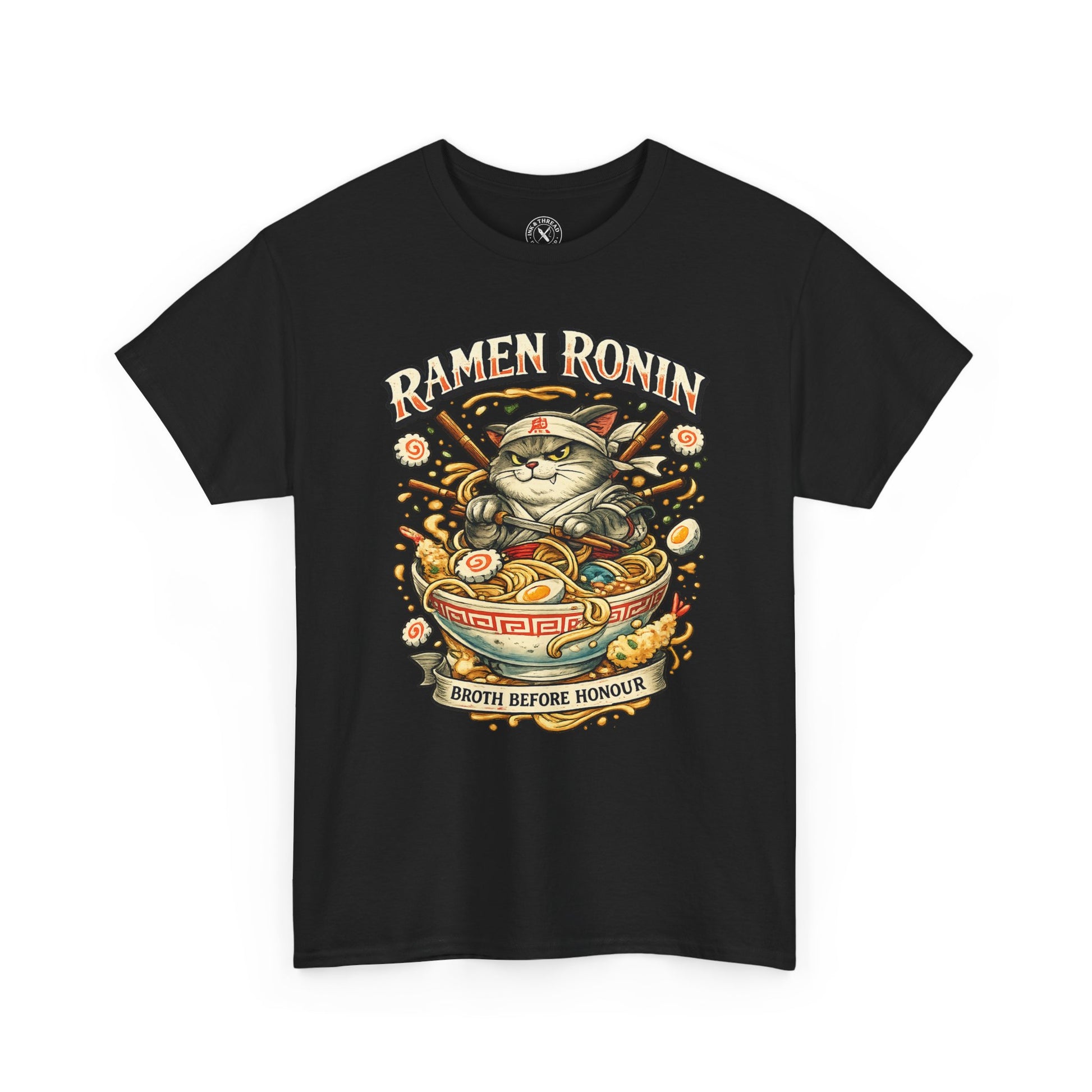 Black oversized Ramen Ronin graphic t-shirt featuring a samurai cat with ramen bowl and Broth Before Honour design by Ink & Thread UK