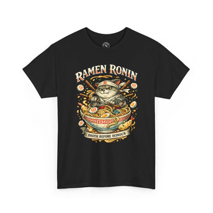 Black oversized Ramen Ronin graphic t-shirt featuring a samurai cat with ramen bowl and Broth Before Honour design by Ink & Thread UK