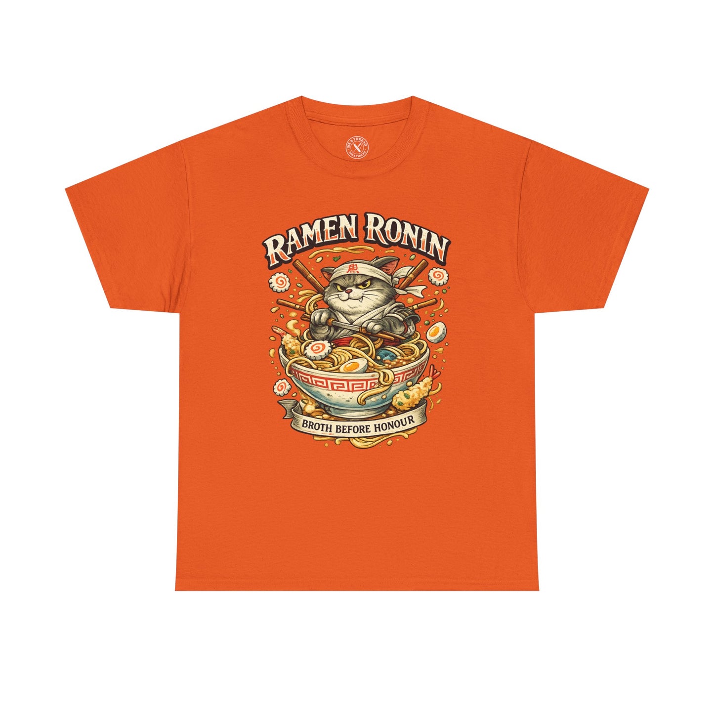 Orange Ramen Ronin graphic t-shirt featuring a samurai cat with ramen bowl and Broth Before Honour design by Ink & Thread UK