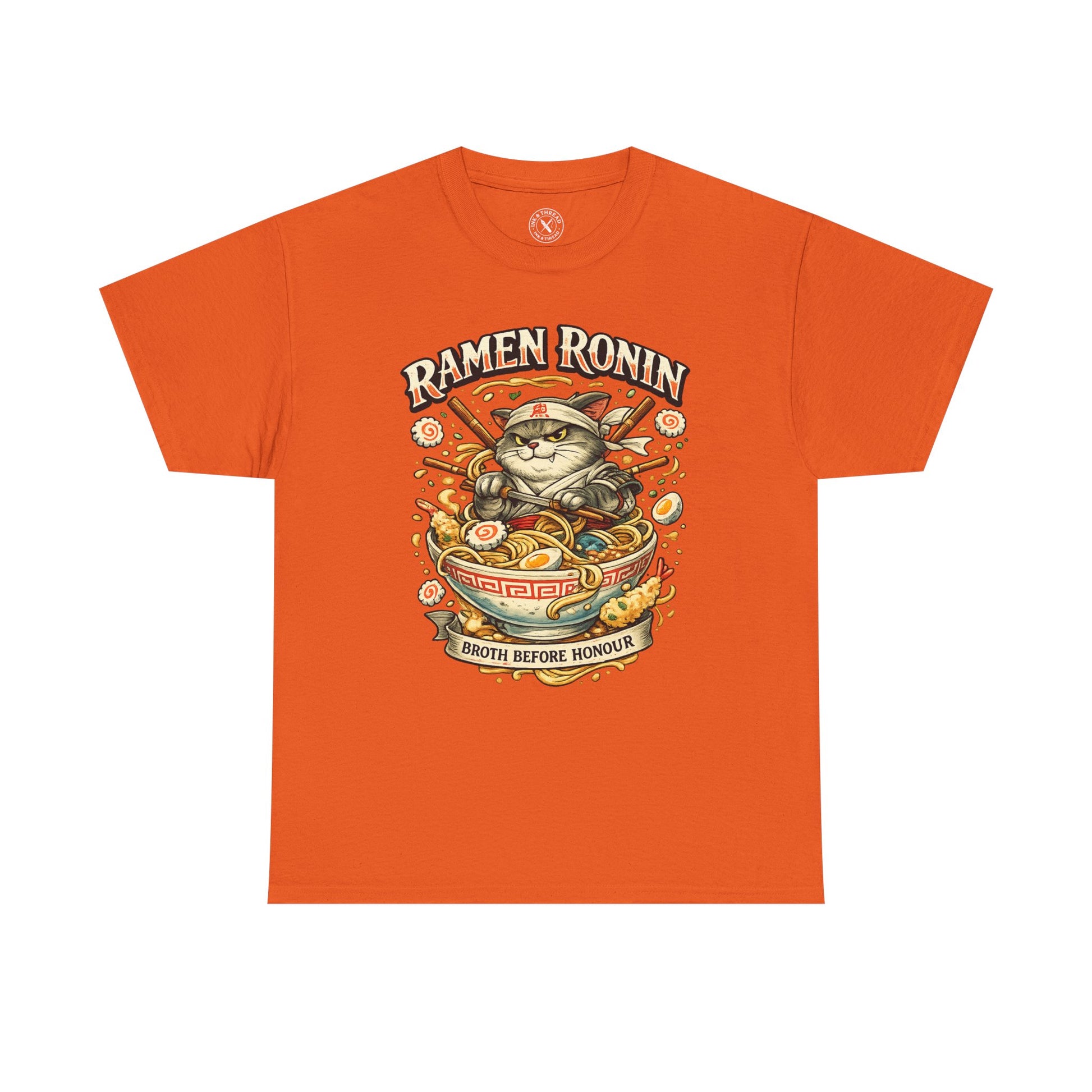 Orange Ramen Ronin graphic t-shirt featuring a samurai cat with ramen bowl and Broth Before Honour design by Ink & Thread UK