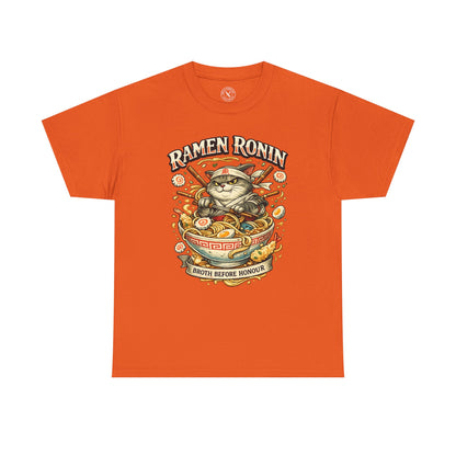 Orange Ramen Ronin graphic t-shirt featuring a samurai cat with ramen bowl and Broth Before Honour design by Ink & Thread UK
