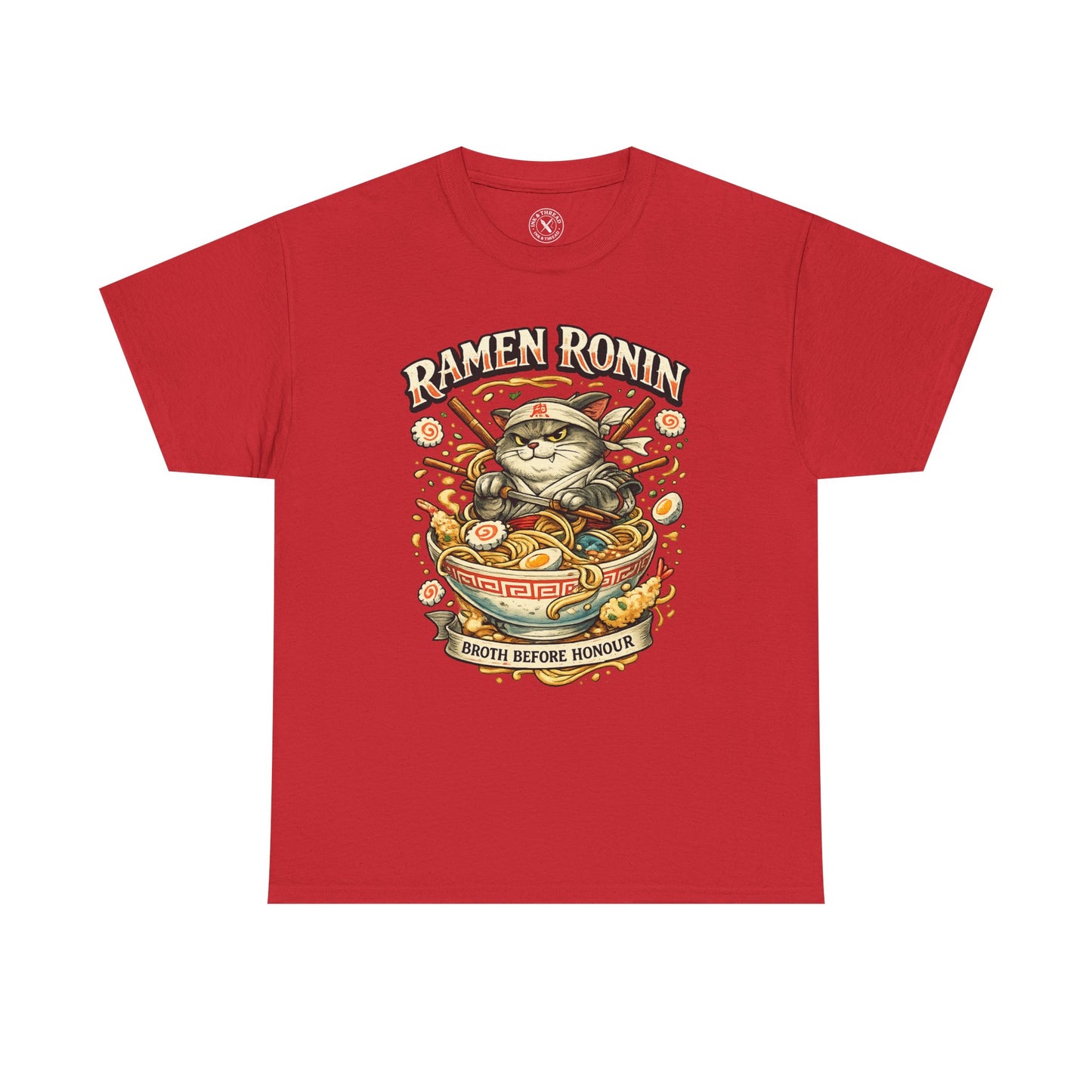 Red Ramen Ronin graphic t-shirt featuring a samurai cat with ramen bowl and Broth Before Honour design by Ink & Thread UK