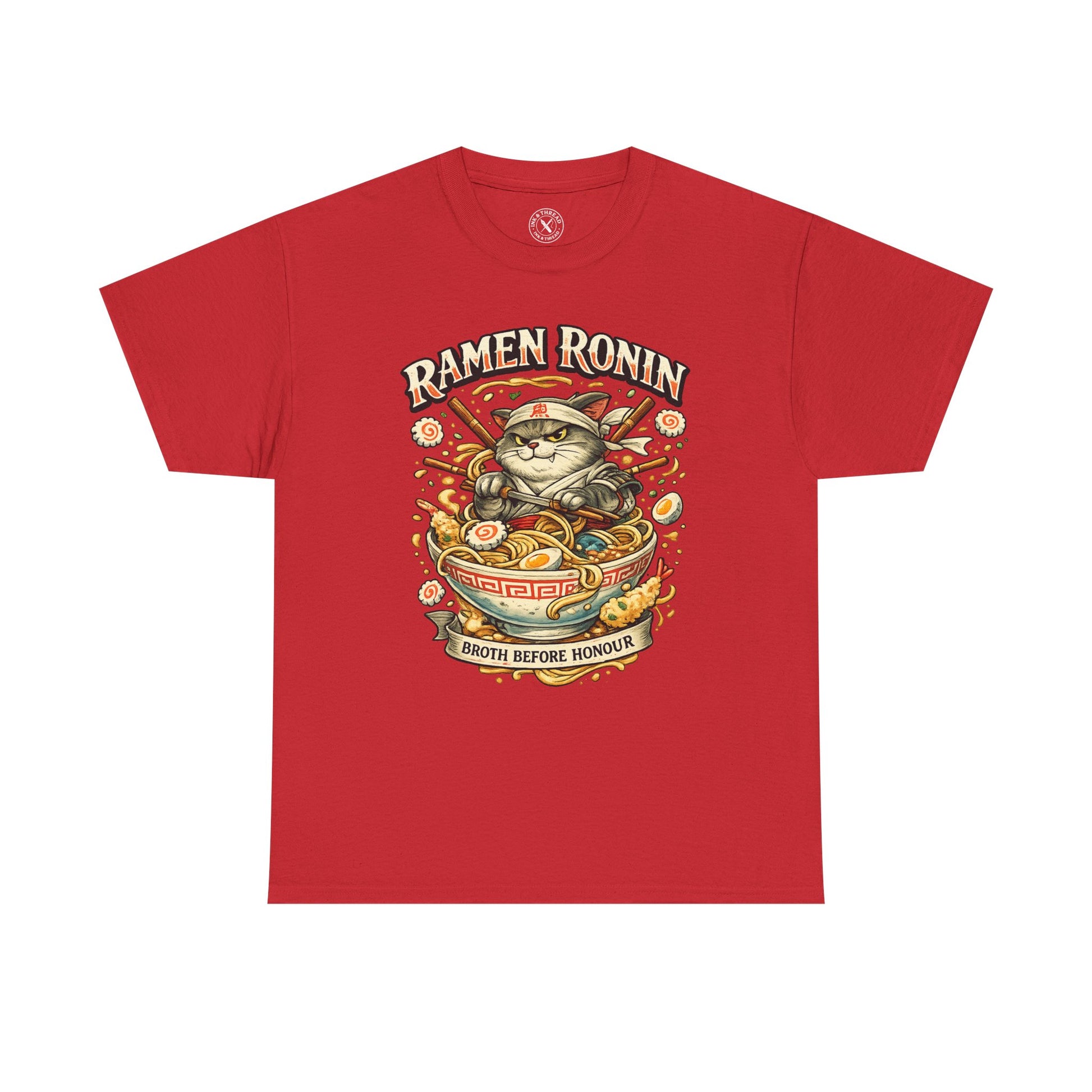 Red Ramen Ronin graphic t-shirt featuring a samurai cat with ramen bowl and Broth Before Honour design by Ink & Thread UK