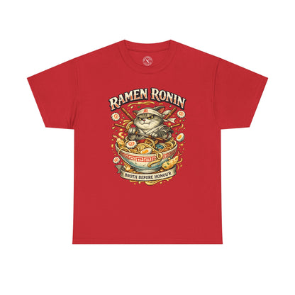 Red Ramen Ronin graphic t-shirt featuring a samurai cat with ramen bowl and Broth Before Honour design by Ink & Thread UK