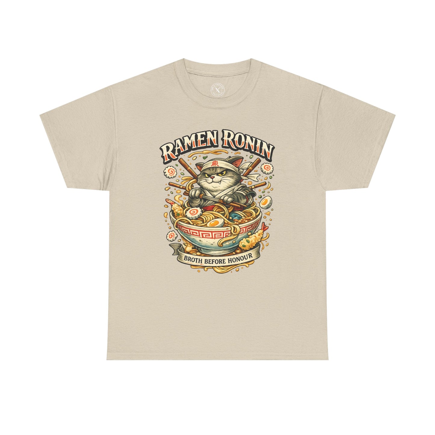 Sand beige Ramen Ronin graphic t-shirt featuring a samurai cat with ramen bowl and Broth Before Honour design by Ink & Thread UK