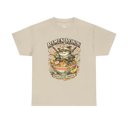 Sand beige Ramen Ronin graphic t-shirt featuring a samurai cat with ramen bowl and Broth Before Honour design by Ink & Thread UK