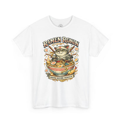White Ramen Ronin graphic t-shirt featuring a samurai cat with ramen bowl and Broth Before Honour design by Ink & Thread UK