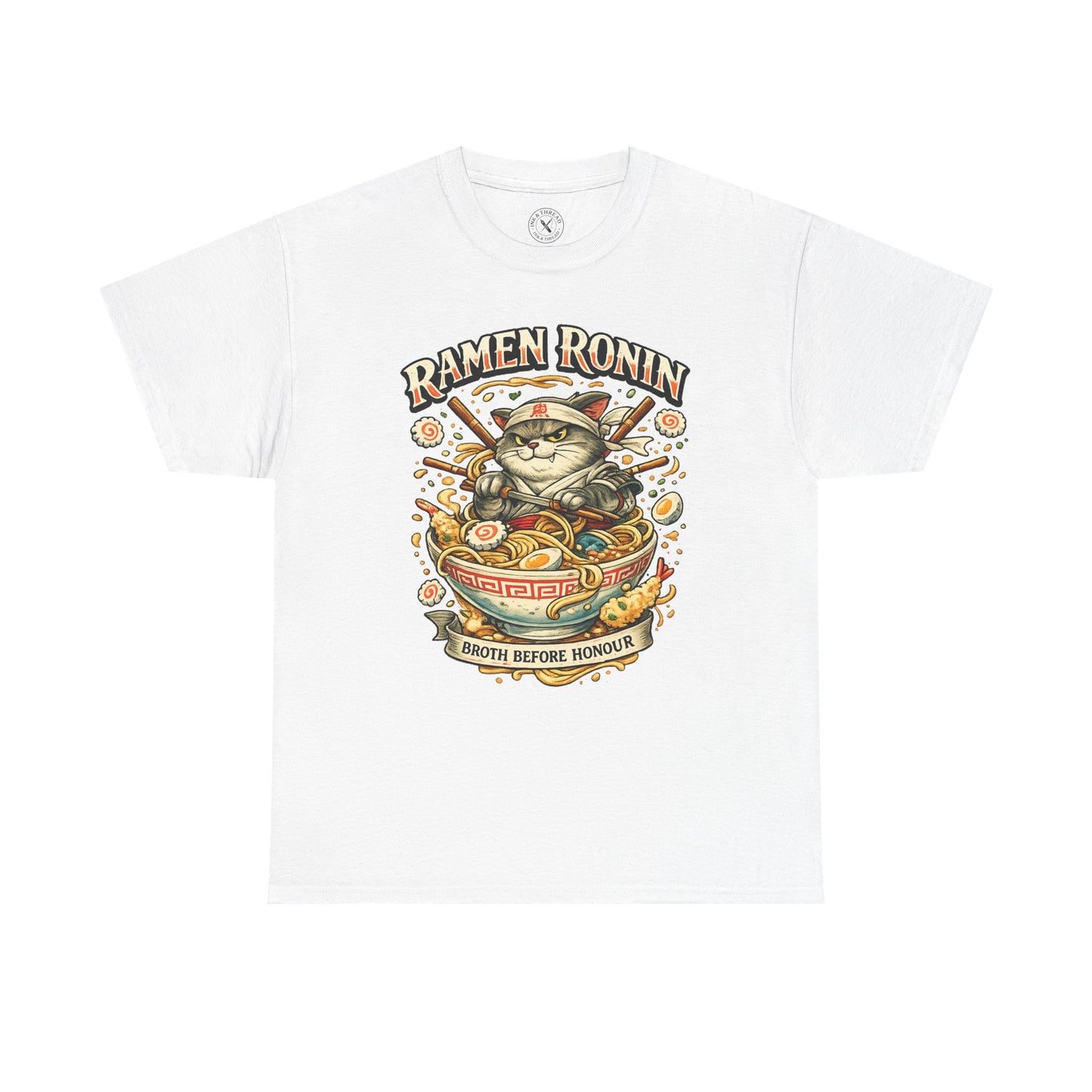 White oversized Ramen Ronin graphic t-shirt featuring a samurai cat with ramen bowl and Broth Before Honour design by Ink & Thread UK