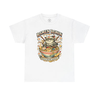 White oversized Ramen Ronin graphic t-shirt featuring a samurai cat with ramen bowl and Broth Before Honour design by Ink & Thread UK