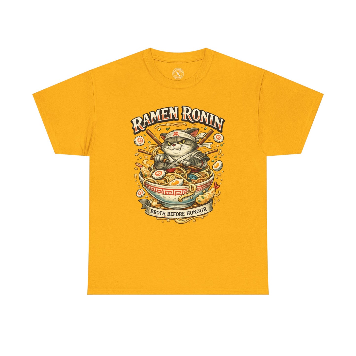 Yellow Ramen Ronin graphic t-shirt featuring a samurai cat with ramen bowl and Broth Before Honour design by Ink & Thread UK