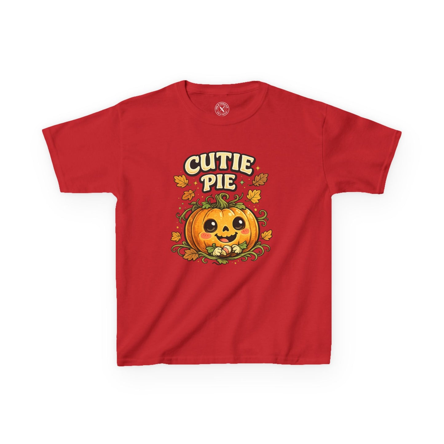 Red kids Cutie Pie Halloween pumpkin graphic t-shirt featuring a cute smiling jack-o-lantern with autumn leaves design