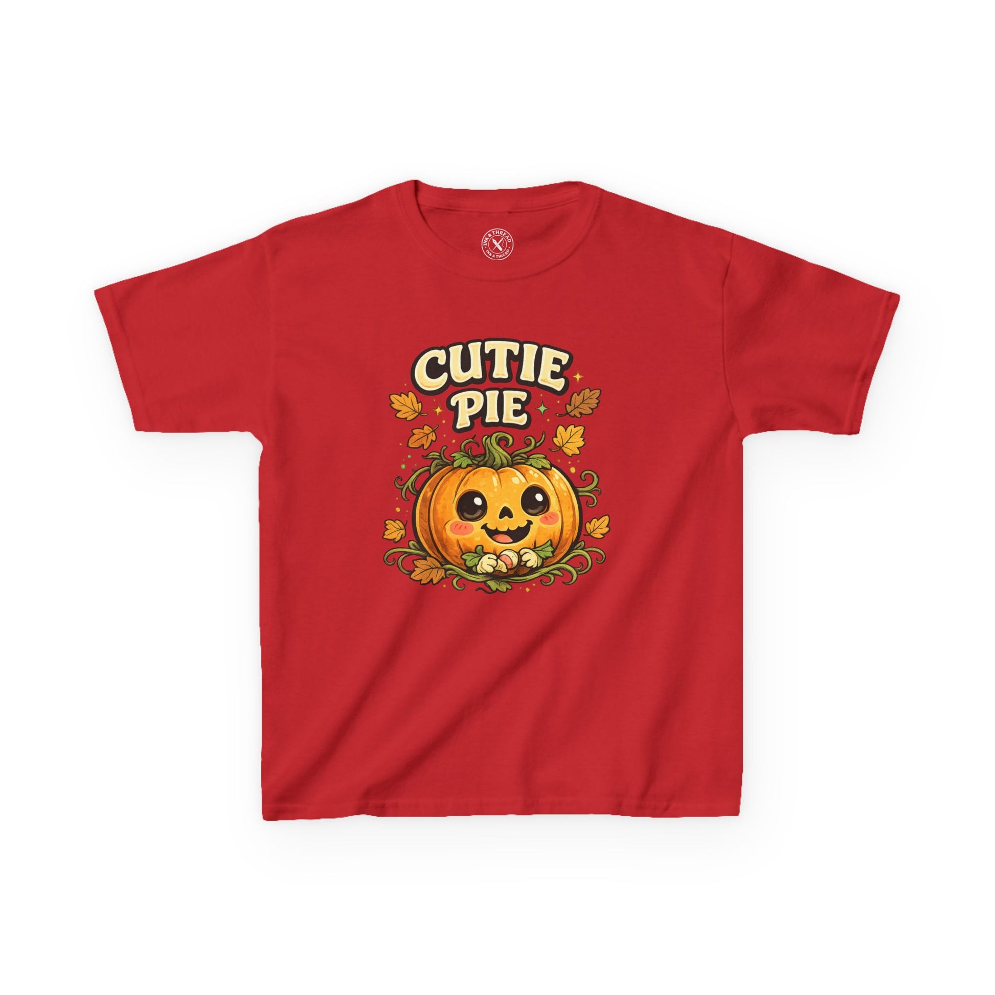 Red kids Cutie Pie Halloween pumpkin graphic t-shirt featuring a cute smiling jack-o-lantern with autumn leaves design