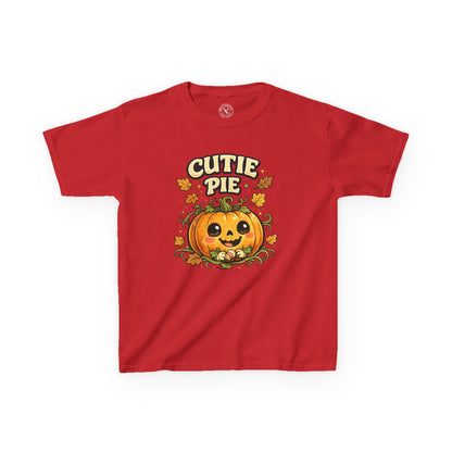 Red kids Cutie Pie Halloween pumpkin graphic t-shirt featuring a cute smiling jack-o-lantern with autumn leaves design