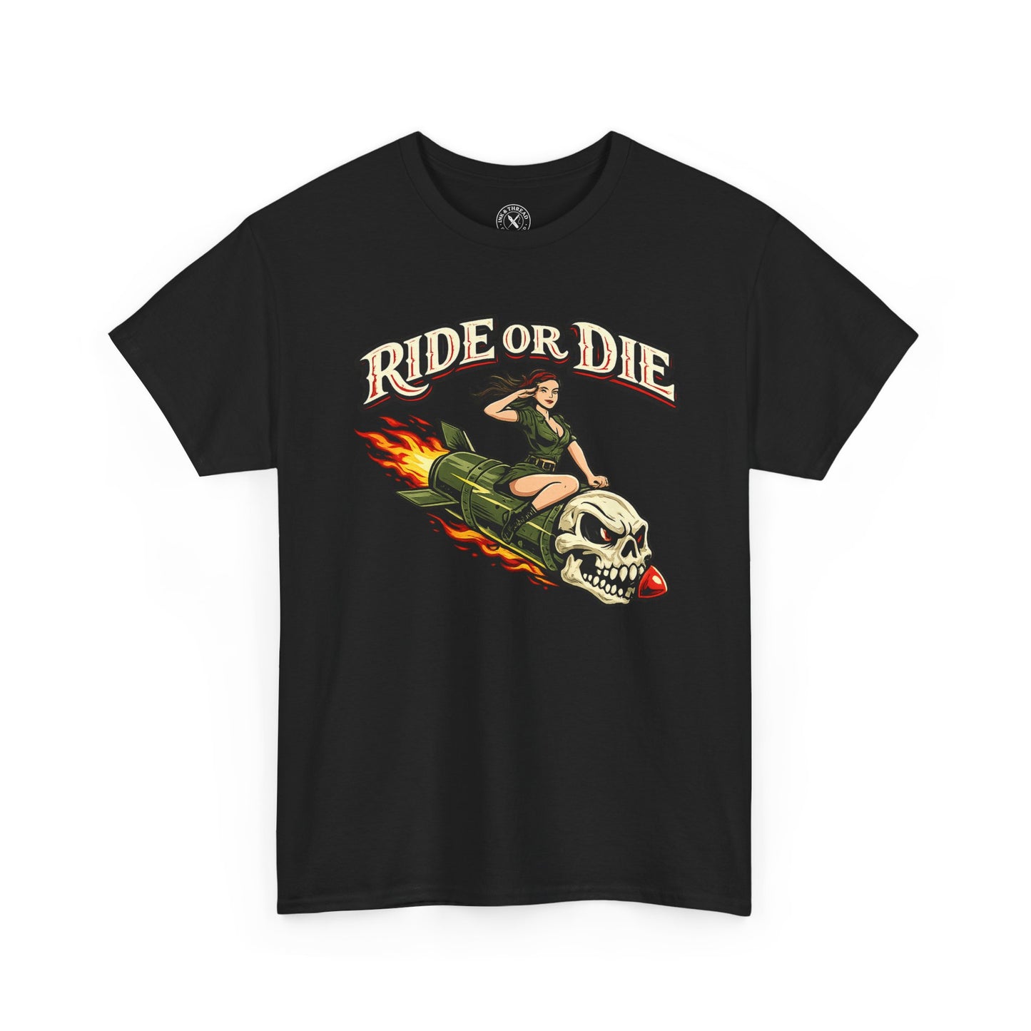 Black Ride or Die graphic t-shirt front view showing skull and pin-up girl on flaming rocket design by Ink & Thread UK