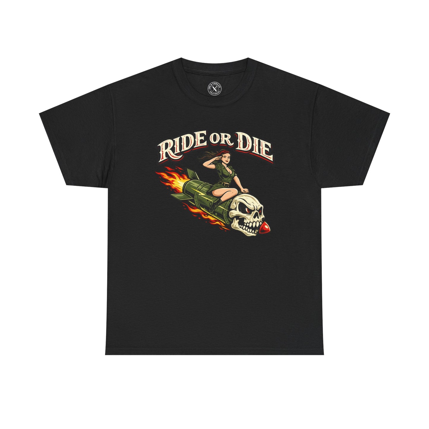 Black Ride or Die graphic t-shirt featuring a skull and pin-up girl on a flaming rocket design by Ink & Thread UK