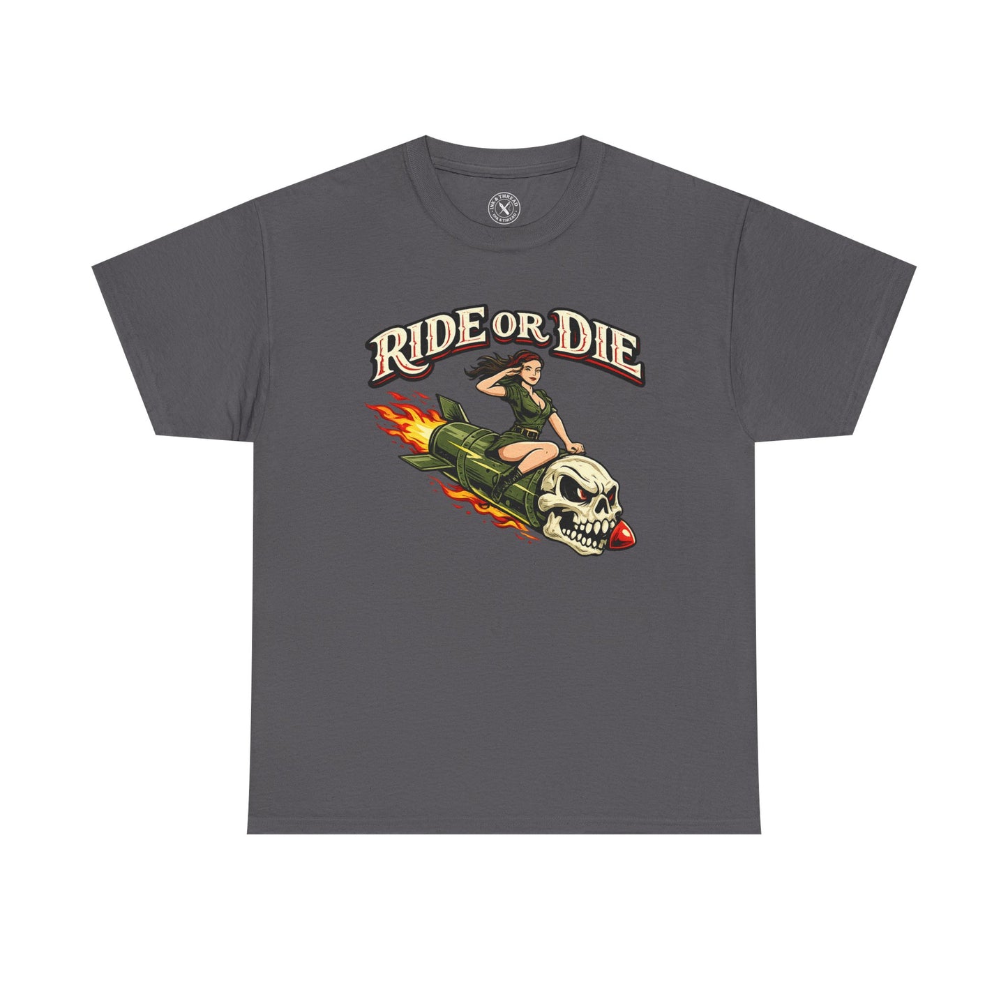 Charcoal grey Ride or Die graphic t-shirt featuring a skull and pin-up girl on a flaming rocket design by Ink & Thread UK