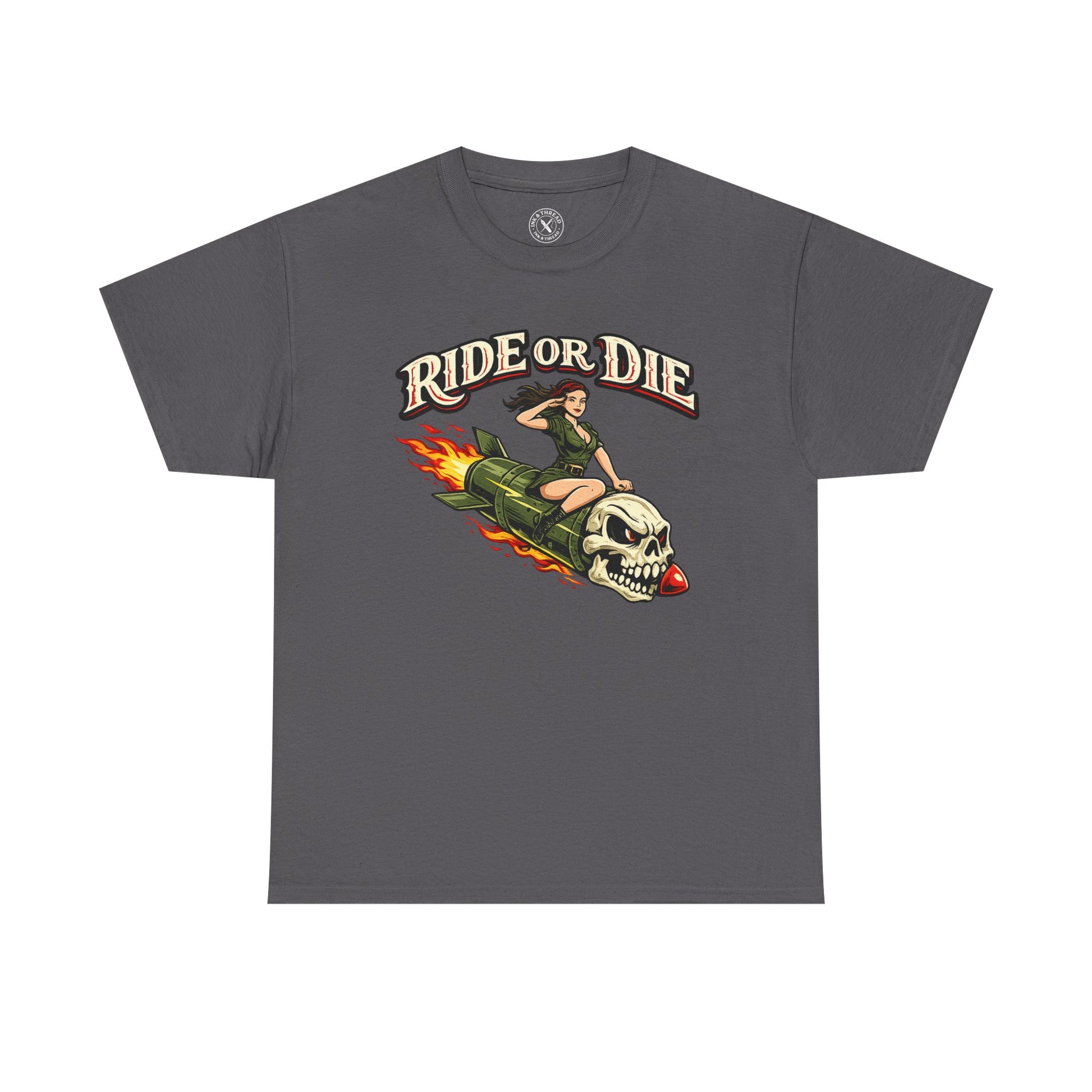 Charcoal grey Ride or Die graphic t-shirt featuring a skull and pin-up girl on a flaming rocket design by Ink & Thread UK