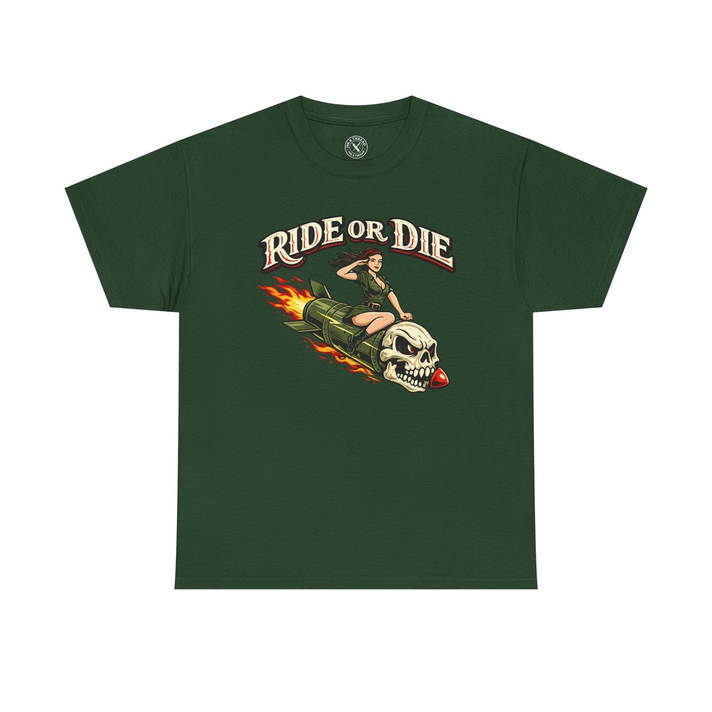 Forest green Ride or Die graphic t-shirt featuring a skull and pin-up girl on a flaming rocket design by Ink & Thread UK