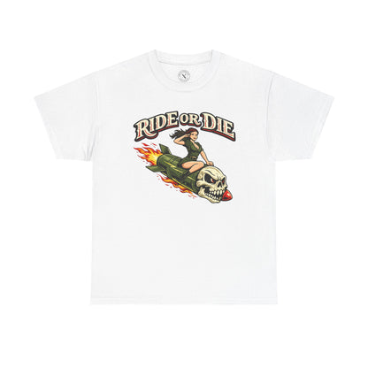 Light grey Ride or Die graphic t-shirt featuring a skull and pin-up girl on a flaming rocket design by Ink & Thread UK