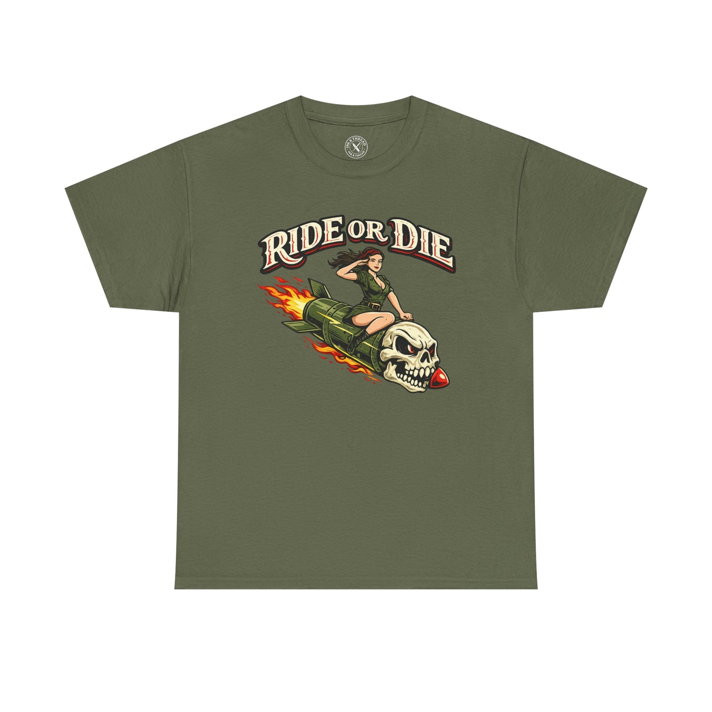 Olive green Ride or Die graphic t-shirt featuring a skull and pin-up girl on a flaming rocket design by Ink & Thread UK
