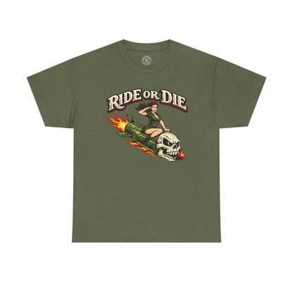 Olive green Ride or Die graphic t-shirt featuring a skull and pin-up girl on a flaming rocket design by Ink & Thread UK