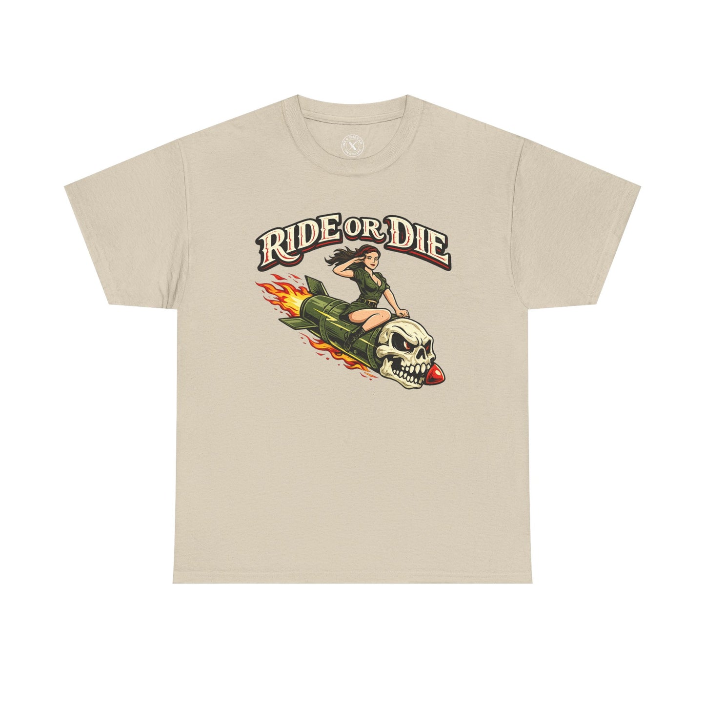 Sand beige Ride or Die graphic t-shirt featuring a skull and pin-up girl on a flaming rocket design by Ink & Thread UK