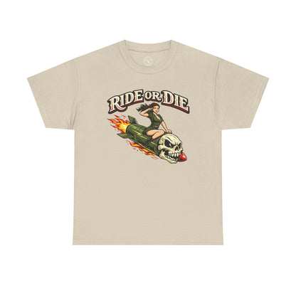 Sand beige Ride or Die graphic t-shirt featuring a skull and pin-up girl on a flaming rocket design by Ink & Thread UK
