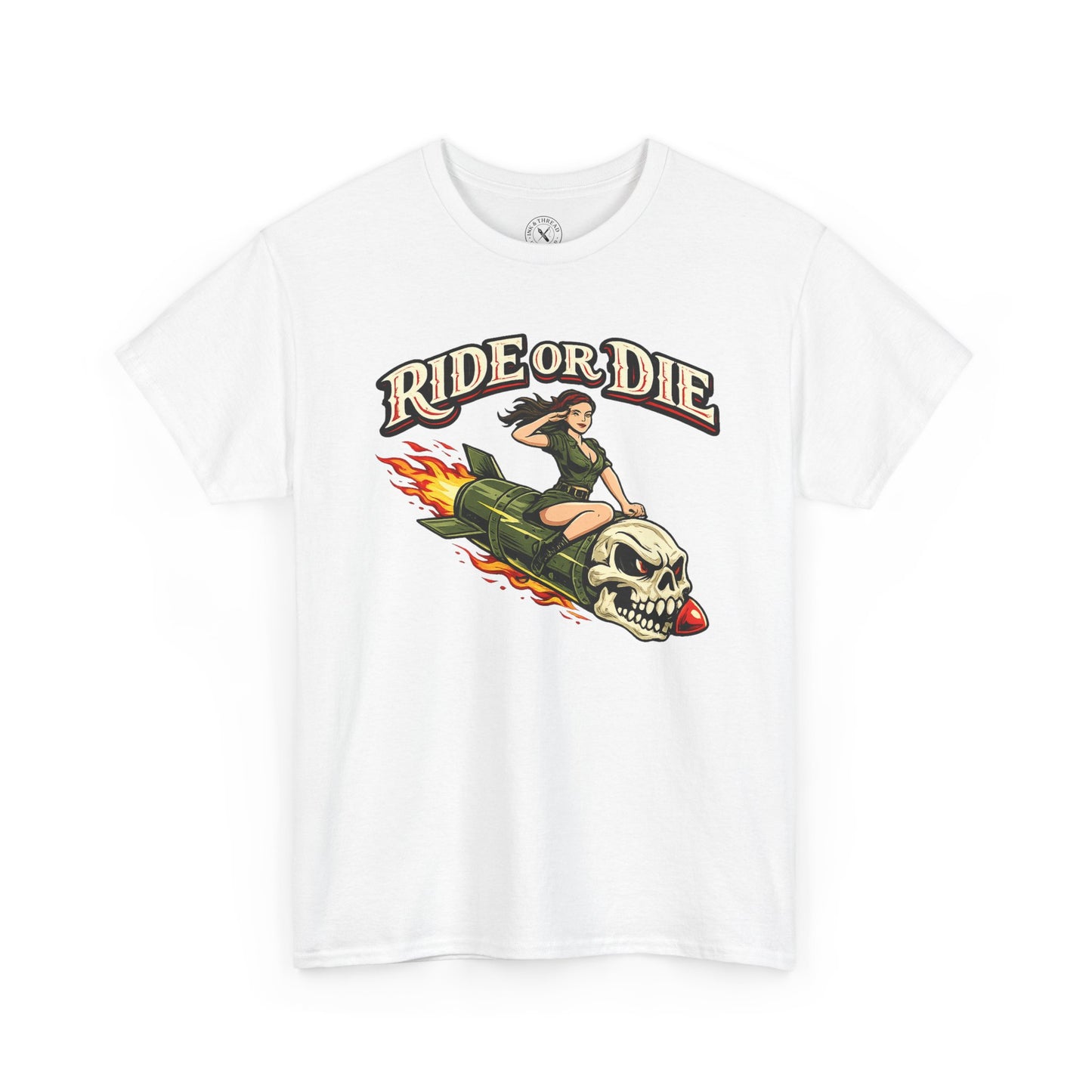 White Ride or Die graphic t-shirt featuring a skull and pin-up girl on a flaming rocket design by Ink & Thread UK