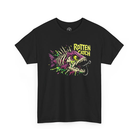 Black Rotten Catch graphic t-shirt featuring a fish skeleton design by Ink & Thread UK