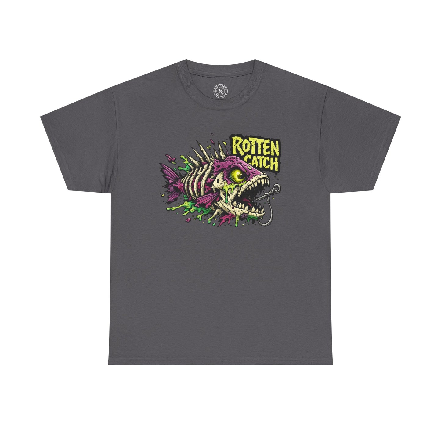 Charcoal grey Rotten Catch graphic t-shirt featuring a fish skeleton design by Ink & Thread UK