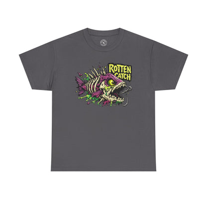 Charcoal grey Rotten Catch graphic t-shirt featuring a fish skeleton design by Ink & Thread UK