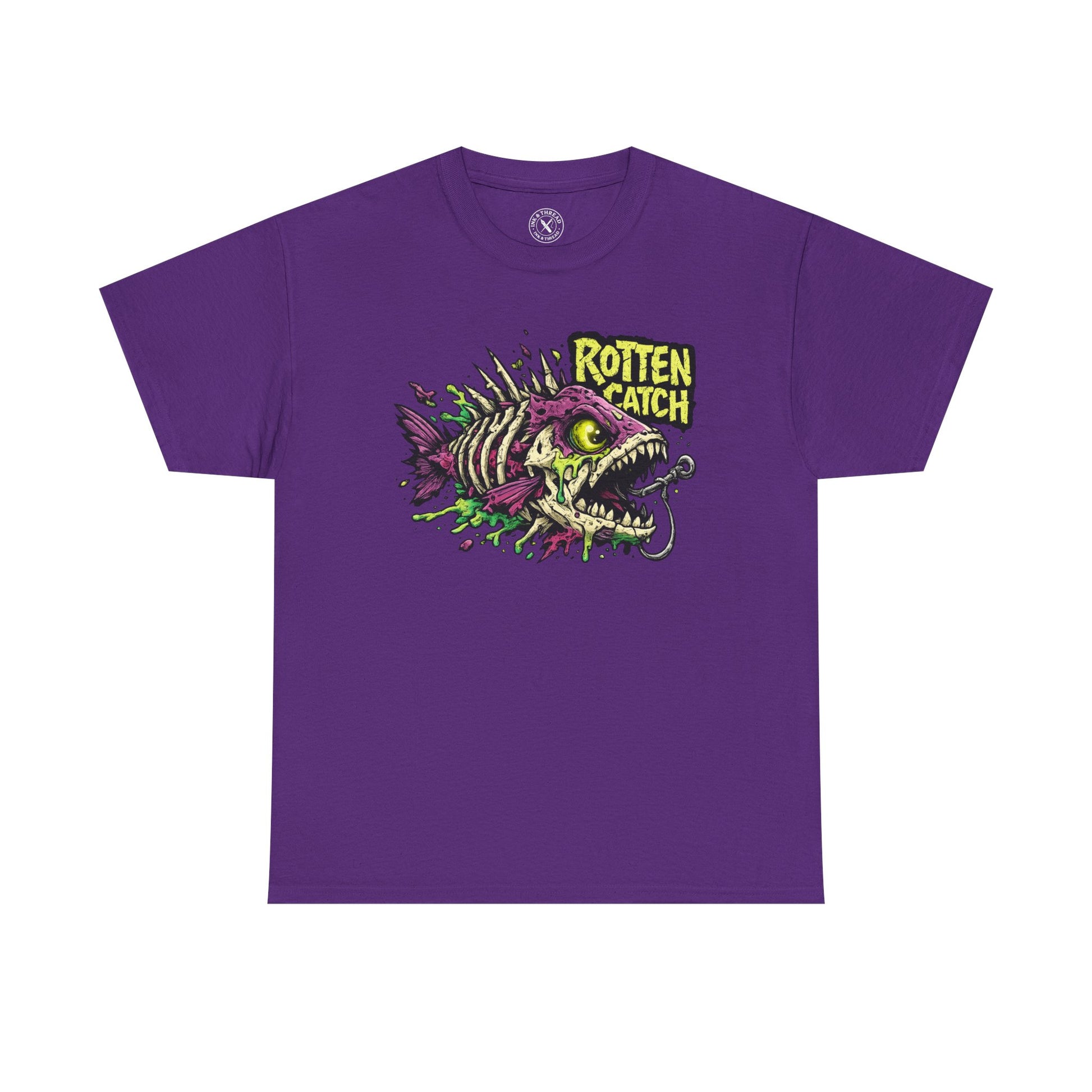 Purple Rotten Catch graphic t-shirt featuring a fish skeleton design by Ink & Thread UK