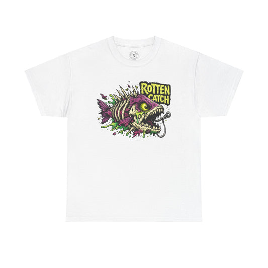 White Rotten Catch graphic t-shirt featuring a fish skeleton design by Ink & Thread UK