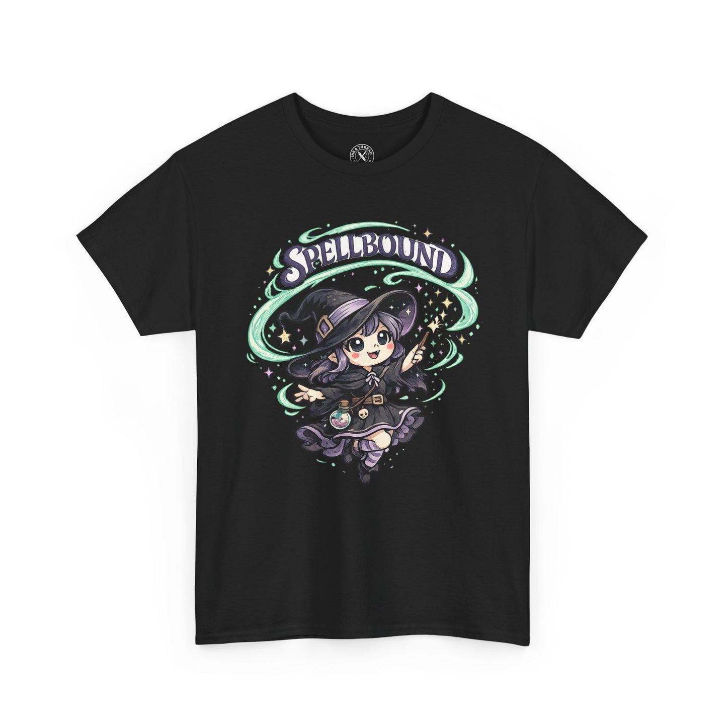 Spellbound black graphic t-shirt featuring a cute anime witch with purple hair and magical green swirls