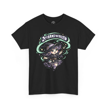 Spellbound black graphic t-shirt featuring a cute anime witch with purple hair and magical green swirls