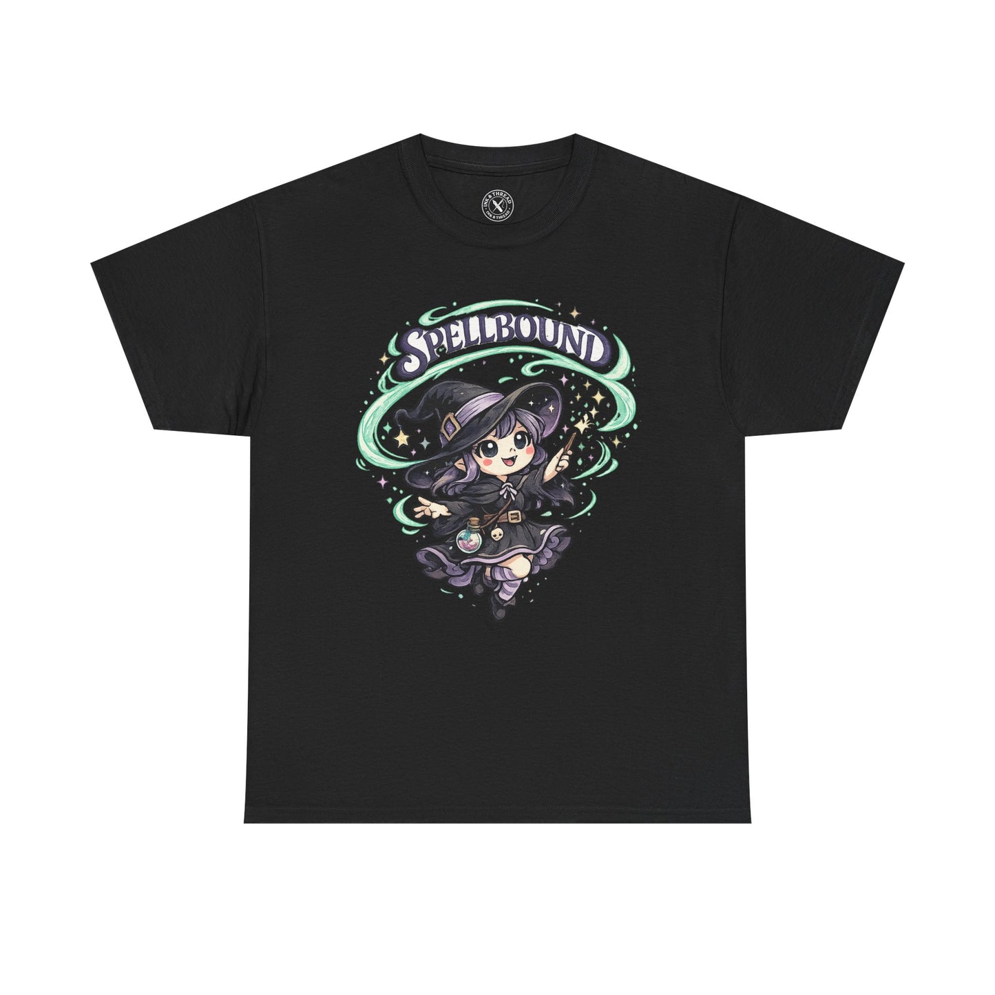 Spellbound charcoal graphic t-shirt with cute anime witch in dark outfit and teal magical swirl design