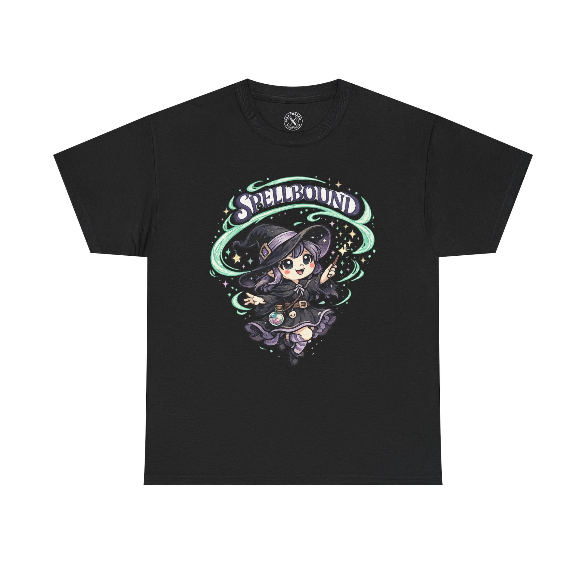 Spellbound charcoal graphic t-shirt with cute anime witch in dark outfit and teal magical swirl design